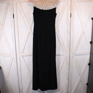 Black Adrianna Papell Illusion Mermaid Black Gown with Beaded Mesh Yoke Size 0